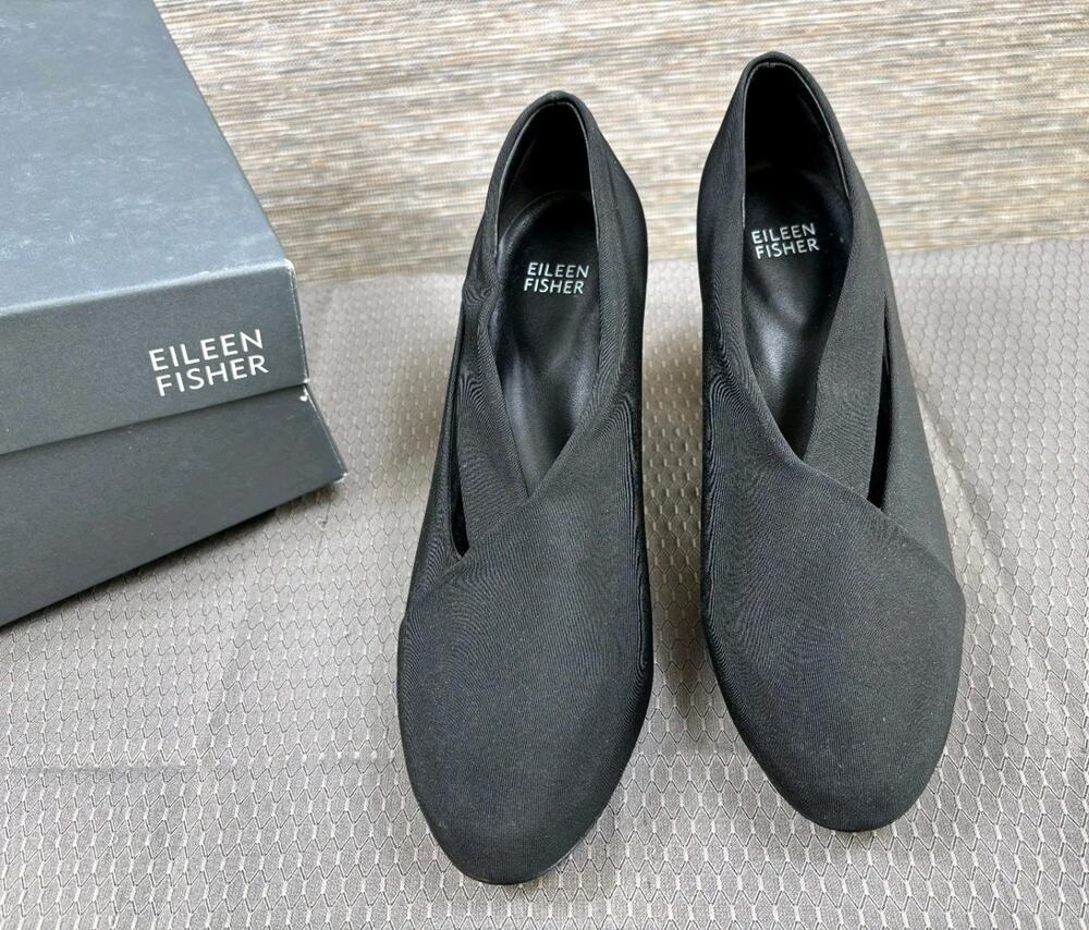 Eileen Fisher Vero Cuoio Slip On Knit Black Stretchy Block Heels Pumps Size 8.5